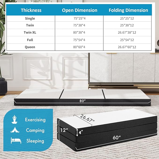 Folding Mattress, 4 inch Tri-Fold Memory Foam Mattress Topper for Camping, Foldable Guest Bed, Portable Travel Mat with Washable Cover, 80"×60"×4", White