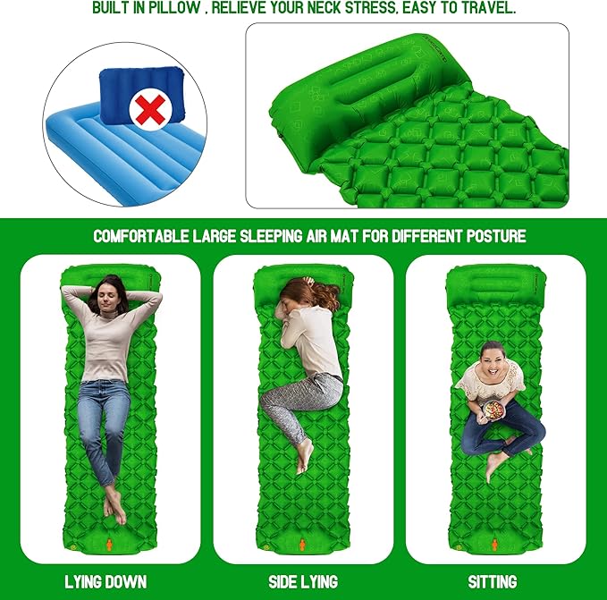 Camping Sleeping Pad, Ultralight Inflatable Mattress with Pillow Built-in Foot Pump for Outdoor Hiking Travel Tent Backpacking Trip Car, Compact Lightweight Camping Mat, Army Green