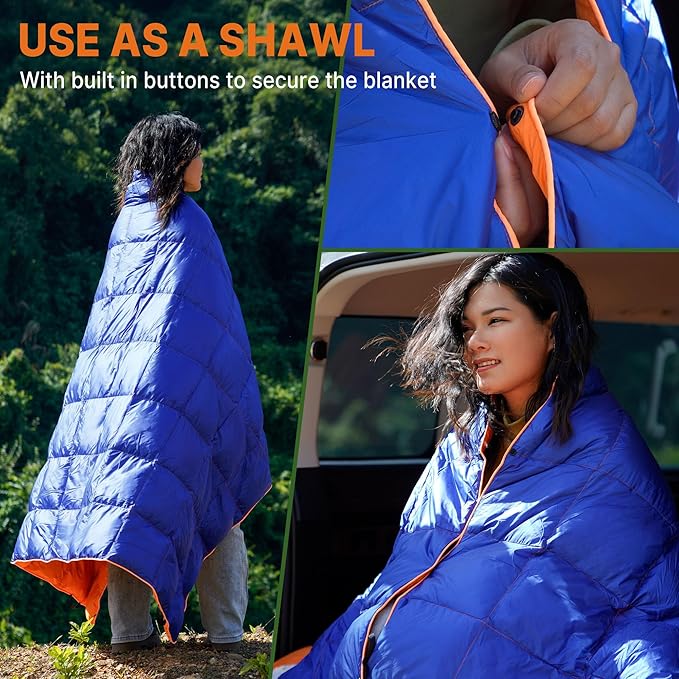 Down Puffy Blanket for 2 Person Car Camping Outdoor Travel Backpacking, 80% Duck Down & 20% Feather Lightweight Portable Soft Warm Cozy Camping Blanket Quilt, Lake Blue