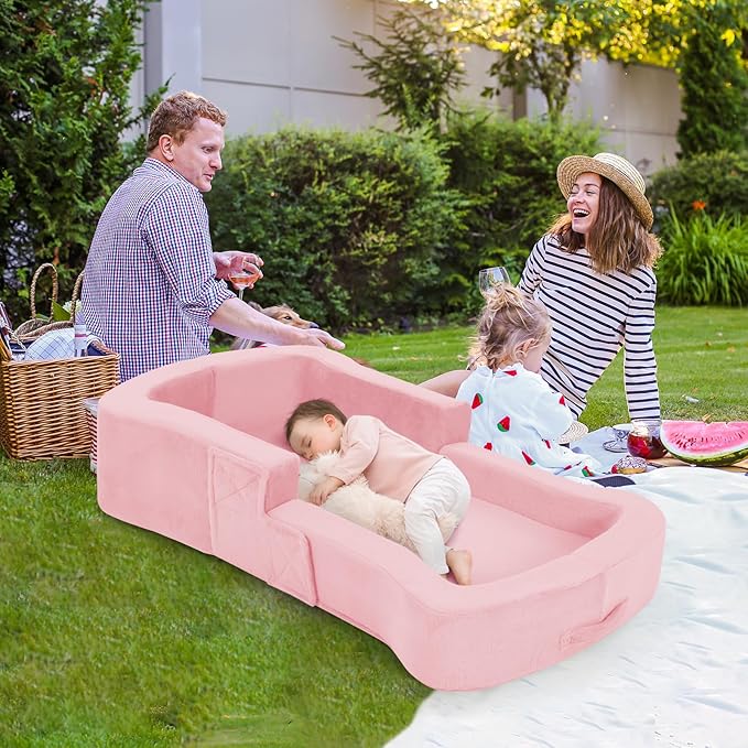 Toddler Travel Bed, 2-in-1 Foldable Portable Toddler Bed Sofa Chair, Soft Baby Kids Travel Floor Cot with Washable Covers Safety Foam Raised Bumper for Camping Hotel Sleeping (Pink)