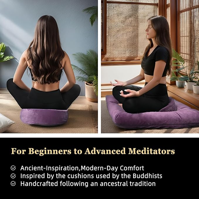 Meditation Zafu Cushion Set with Buckwheat Hulls & Memory Foam - Ergonomic Support for Yoga & Sitting - Removable Machine-Washable Luxury Velvet Cover - for Adults and Kids (Purple)