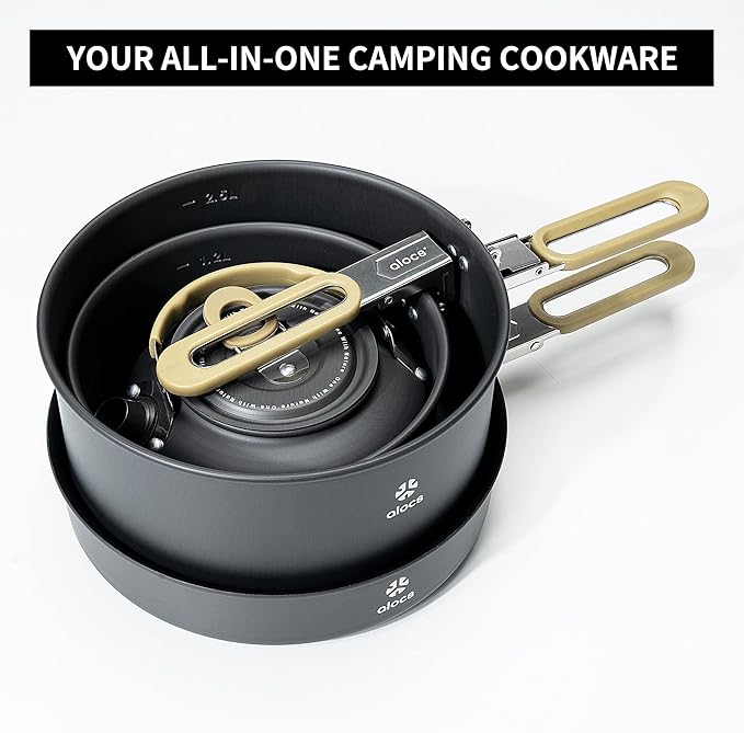 Alocs Camping Cookware, Portable Non-Stick Camping Pan Set with Enhanced Handle, Ideal for Outdoor Kitchen, Picnic, Hiking and Fishing