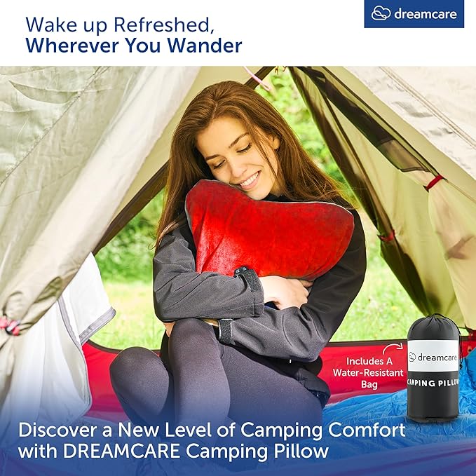 DREAMCARE Camping Pillow, Memory Foam Travel Pillow, Camping Accessories - Small Pillow Camping Essentials Camping Pillows for Sleeping, Backpacking Pillow, Travel Pillows for Sleeping (Medium, Red)