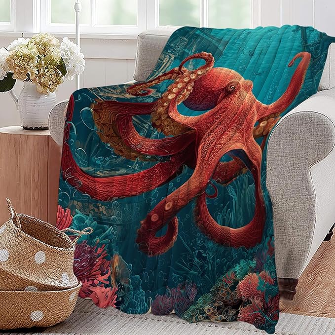 Ocean Octopus Blanket Coral Marine Life Animal Throw Blankets Gifts for Girls Boys Kids Octopus Lover Soft Cozy Fleece Plush for Couch Sofa Bed 50"x40"
