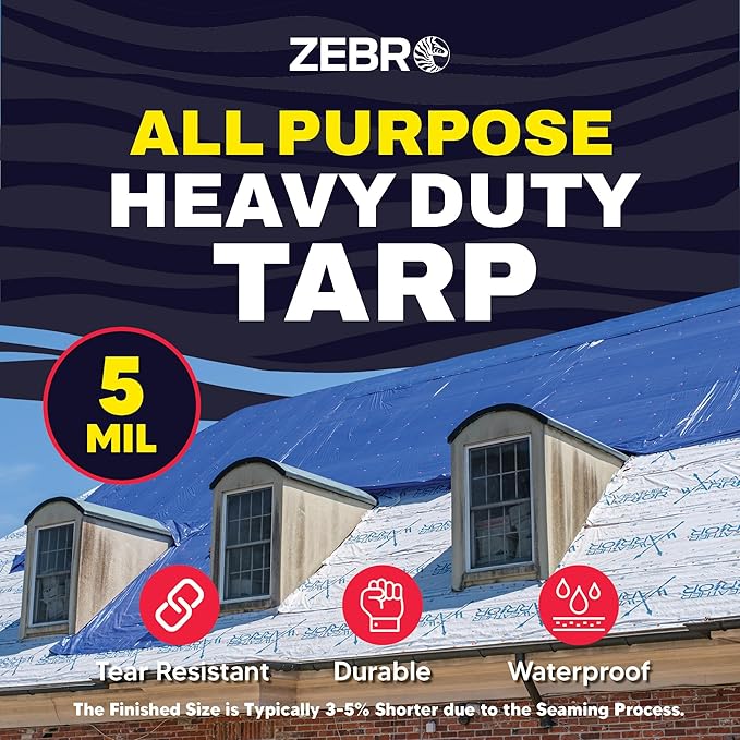 30' x 60' Blue Tarp with Grommets Reinforced - 5 Mil Thick - Durable UV Resistant Plastic Tarps Waterproof - Large Tarpaulin Cover for Outdoor Camping Over/Under Tent Tarp RV Roof Rain - Zebro