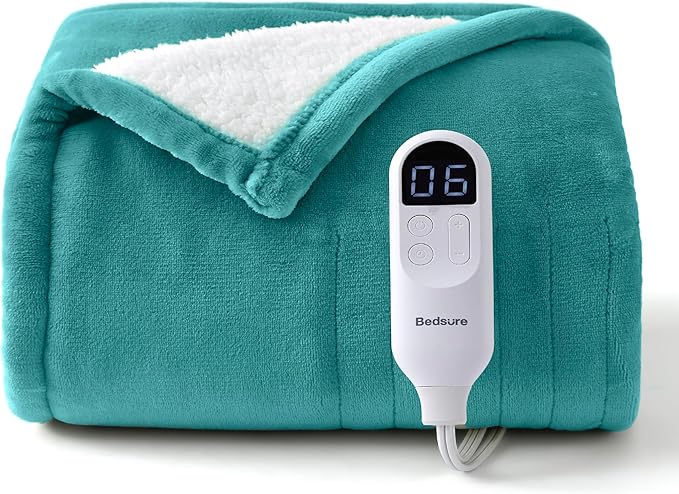 Bedsure Heated Blanket Throw Blanket - Fast Heating Electric Blanket, Soft Flannel Heated Throw with 4 Time Settings, 6 Heating Settings, Warm Gifts for Women Men (50x60 inches, River Blue)