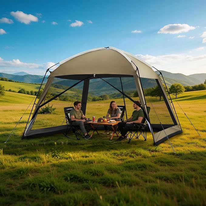 12 x 12 FT Camping Screen Tent for 8-10 Person, Easy Setup Screen House with UV 50+ Sun Protection & Mosquito Net for Camping, Backyard, Picnic, Patio Outdoor Kakhi