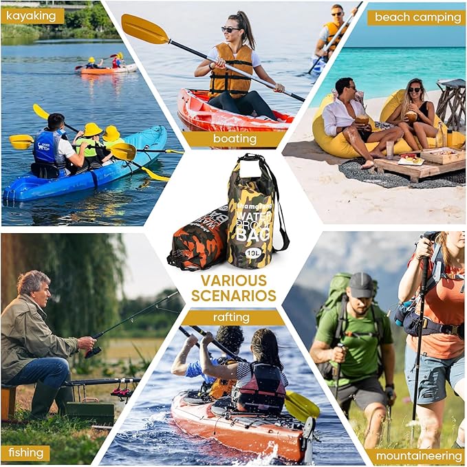Waterproof Dry Bag 5L/10L/15L/20L/30L Roll Top Dry Storage Backpack with Phone Case, Collapsible Water Bottle, Sunglasses, Ear Band for Kayaking Boating Swimming Fishing Camping, Yellow 10L