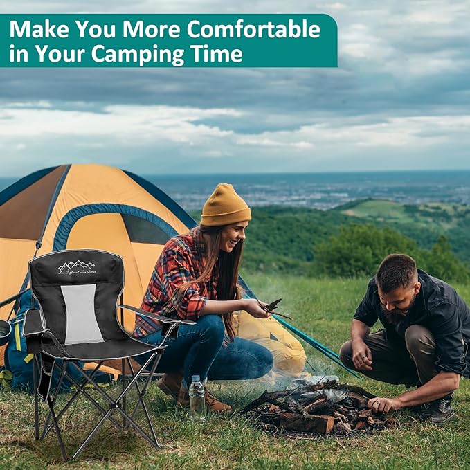Outdoor Folding Camping Chair with Cup Holder, Storage Bag, Large Anti-Sink Feet, 325lbs Capacity, Breathable Mesh Portable Chair for Camping, Beach, Fishing, Sports, Black 2Pack