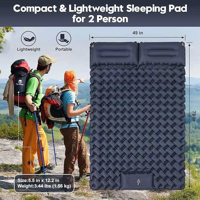 Double Sleeping Pad for Camping – 4” Thick Inflatable Camping Mattress 2 Person, Built-in Foot Pump & Pillow, Ultralight Self-Inflating Camping Mat for Tent, Hiking, Backpacking, Traveling