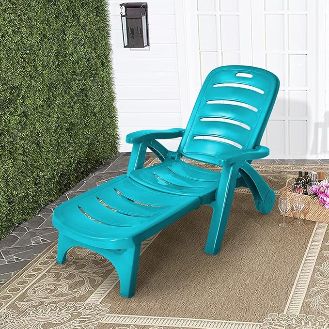 Tangkula Outdoor Chaise Lounge Chair, Adjustable 5-Position Recliner Chair with Built-in Wheels, Weather-Resistance Folding Lounge for Patio, Backyard, Poolside and Beach (2, Turquoise)