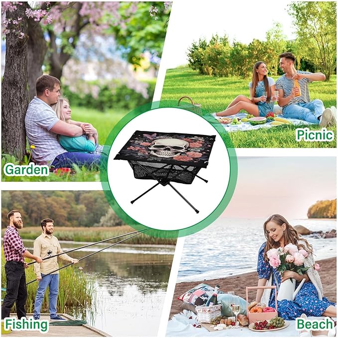 Skull Portable Folding Camping Table, Compact Lightweight Beach Table with Carrying Bag for Outdoor Picnics, BBQs, Camp