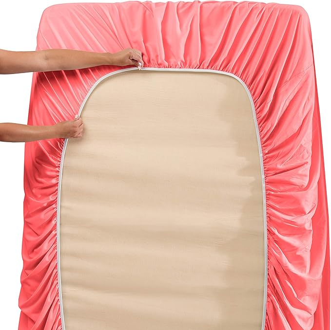 Clara Clark Flex Top King Sheets, 6 Piece Set - Hotel Luxury Sheets for Top Split King Bed, Super Soft Bedding Set, Head Split King Coral Pink