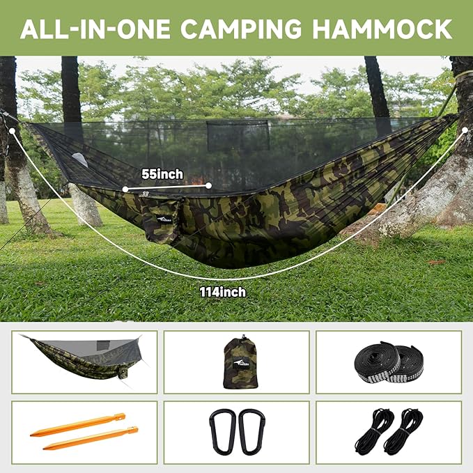 Camping Hammock with Mosquito Net and Ridge Rope, Extra Large for 2 Person, Lightweight Hanging Hammocks Tree Straps, All-in-one Fast Open Hammock for Outside, Hiking, and Travel