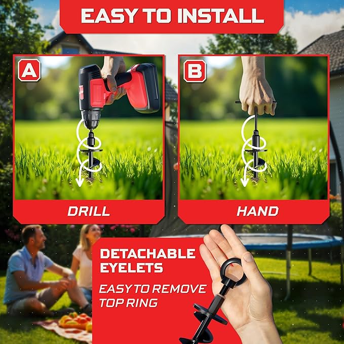 Happin® Heavy Duty Ground Anchors - Trampoline Anchors High Wind - Swing Set & Trampoline Stakes - Earth Anchors Screw in for Secure Hold - Stakes High Stability for Tents, Canopies & More (4 Pack)