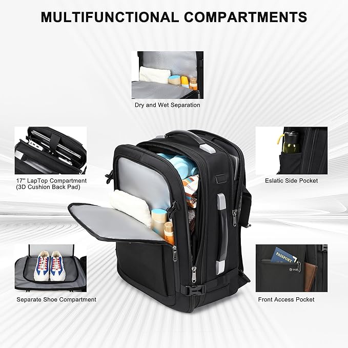 POSO Vacuum Backpack Travel, 60L Expandable Vacuum Seal Backpack with Pump, fit 17'' Laptop Backpack, TSA Lock Carry-On Airback Travel Backpack with Detachable Compression Airbag- Black