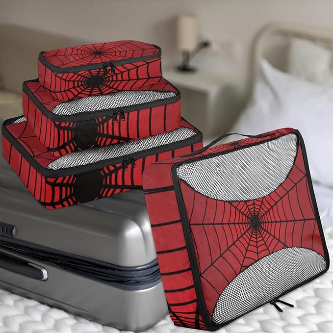 Spiders Web Red Compression Packing Cubes for Travel,Expandable Cubes Storage Bag Carry on Luggage Organizers for Toiletry Clothes Shoe Accessories 4 Set
