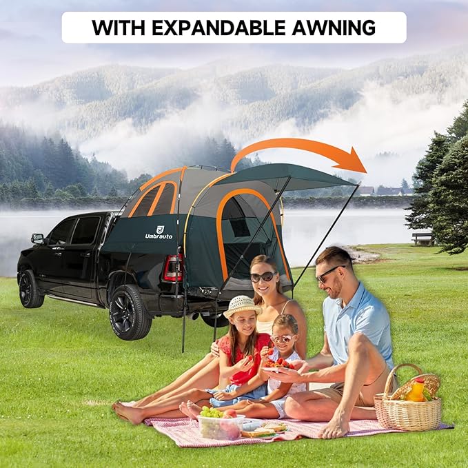 Truck Bed Tent with Awning: 5.0' ~ 5.2' PU3000mm Waterproof Tailgate Pickup Truck Tents, Easy Set-up for 2 Person, Fits Full Size Short Bed, Chevy, Dodge, Ford, GMC