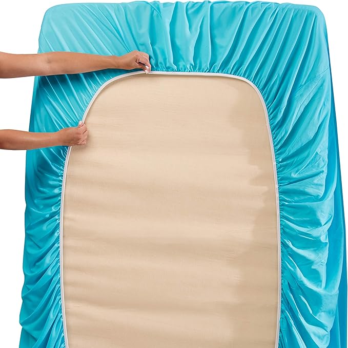 Clara Clark Flex Top King Sheets, 6 Piece Set - Hotel Luxury Sheets for Top Split King Bed, Super Soft Bedding Set, Head Split King Beach Blue