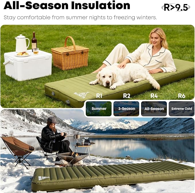 Self Inflating Sleeping Pad with Foot Pump, 2 Inch Thick Memory Foam Camping Pad, Quick Inflation Air Mattress for Camping, Hiking, Car Travel, and Outdoor Adventures, Green