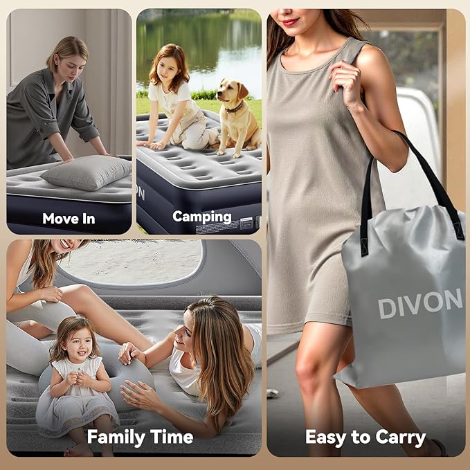 DIVON Full Air Mattress with Built in Pump Raised, 2 Min Self Inflatable Mattress, 18’’ Blow up Mattress for Adults, 660 LBS Portable Air Bed for Guest, Camping, Travel & Floor, Dark Blue