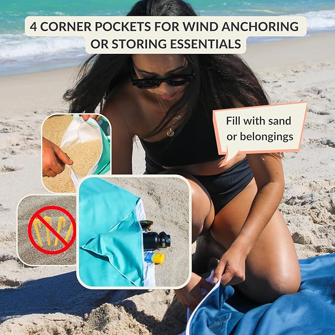 Plush Microfiber Beach Blanket, Large Beach Mat for 1-4 Persons, Sandproof, Windproof | Hole for Umbrella, Corner Sand Pockets to Fight Wind (Bag for Blanket Included)