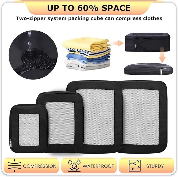 Ultralight Compression Packing Cubes Travel for Suitcases ,Compressible Mesh Packing Cubes for Travel Women Packing Organizers 4 Set