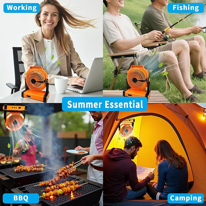 Camping Fan with Smart Voice, 22500mAh Battery Powered Portable Fan with Light&Hook, 5-Speed 270°Adjustable, Camping Essentials for Indoor, Tent, Travel, Patio, RVing, BBQ, Fishing, Jobsite