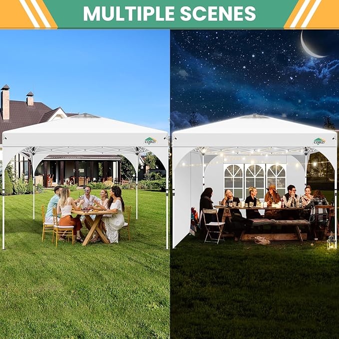 COBIZI 10x10 Pop up Canopy, Canopy Tent 10x10 with 3 Sidewalls, 1 Person Easy Set up, Tents for Parties, Outdoor Tent with Fluorescent Strip & 4 Sandbags, Waterproof, 3 Adjustable Height (White)