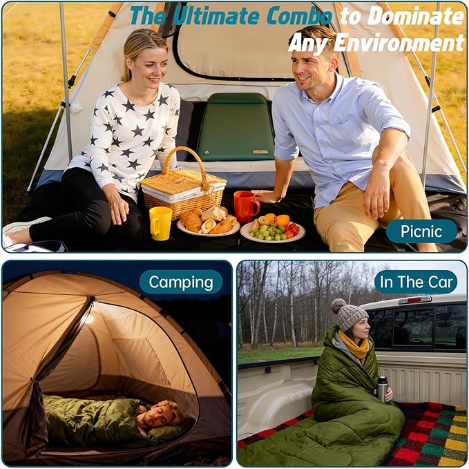 3-Piece Camping Sleep System with Self Inflating Sleeping Pad, Waterproof Tarp & Sleeping Bag, Built-in Pump 3.2" Thick Tent Mattress, R-Value 9.5 All-Season Gear for Backpacking
