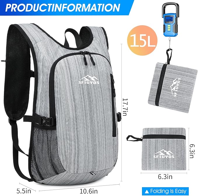 Small Hiking Daypack,15L Waterproof Hiking Backpack Packable Lightweight Travel Day Pack for Women Men (Oxford Grey)