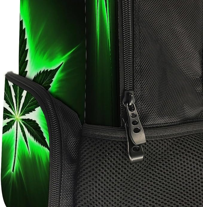 Men Women Lightweight Green Weedleaf Leaf Black Casual Daypack Large Capacity Bookbag With Adjustable Shoulder Straps for Gym Business Bicycle