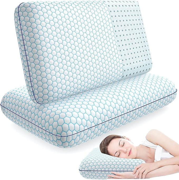 Memory Foam Pillows for Side, Back and Stomach Sleepers, Set of 2, Bed Pillow with Washable Cover and Breathable Mesh, Bed Pillow for Sleeping (Blue,Standard Size)