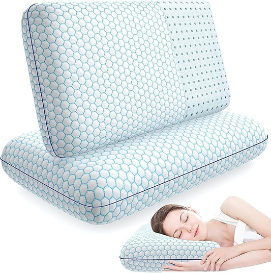 Memory Foam Pillows for Side, Back and Stomach Sleepers, Set of 2, Bed Pillow with Washable Cover and Breathable Mesh, Bed Pillow for Sleeping (Blue,Standard Size)