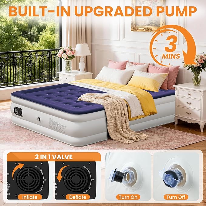 Queen Air Mattress with Built-in Pump, 18 Raised Inflatable Air Mattress, 800 lbs Max Honeycomb Comfortable Air Bed with Storage Bag, for Camping, Home and Guest Use