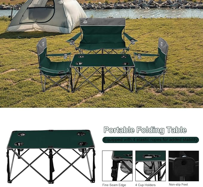 Oversized 4 Pcs Camping Chair Set with Table,Outdoor Folding Heavy Duty Lawn Chair,Cup Holder,Portable,Loveseat Chair Perfect for Family Hiking,Picnics and Beach Trips,Dark Green