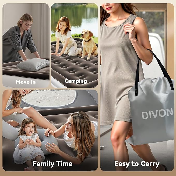 DIVON King Air Mattress with Built in Pump Raised, 3 Min Self Inflatable Mattress, 18’’ Blow up Mattress for Adults, 750 LBS Portable Air Bed for Guest, Camping, Travel & Floor, Brown