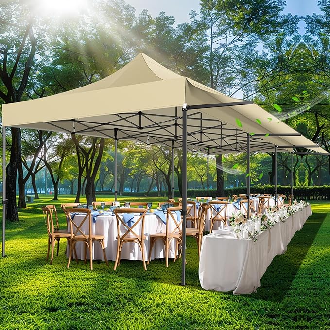 COBIZI 10x30 Pop Up Canopy Tent with Awning,Heavy Duty Canopy UPF 50+ All Season Wind Waterproof Commercial Outdoor Street Vendors Party Tents for Parties Canopy with Roller Bag(10 x 30 ft Khaki)