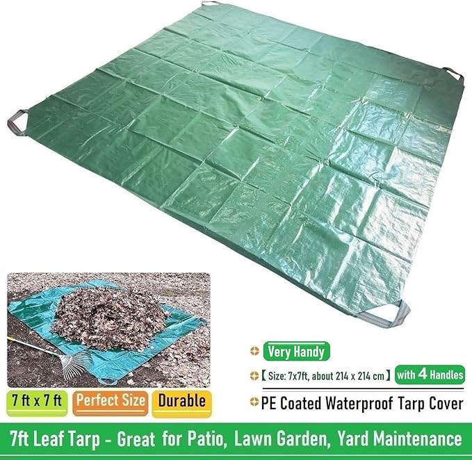 7x7 Ft Yard Garden Leaf Tarp W/ 4 Handles Waterproof Tarp for Sandbox Cover,Outdoor Tarpaulin,Lawn Debris,Landscape Pruning,Yard Leaf Hauler,Tent Footprint,Camping Tent Mat,Patio Table,Fire Pit Cover