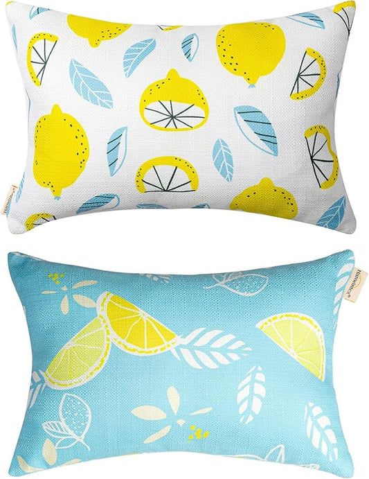 Outdoor Patio Chaise Lounge Small Headrest Waterproof Pillows with Insert & Adjustable Elastic Stripe,Garden Furniture Sofa Office Chair Seat Yellow 2 Pack