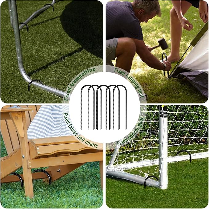 U Shaped Rebar Stakes 12 Inch Heavy Duty Ground Anchors (Pack of 8 Black) Ground Stakes Galvanized Steel, Trampoline Tie Down Anchor, Heavy Duty Stakes for High Wind