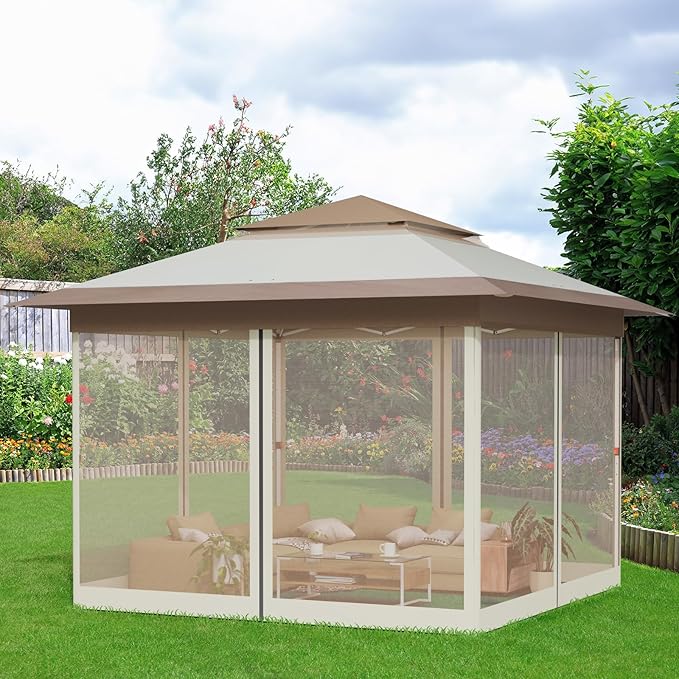 TLSUNNY 13' X 13' Pop Up Gazebo, Outdoor Canopy Tent W/4 Mesh Walls & Wheeled Bag, Screened Shelter with Netting, One-Person Set Up, Height Adjustable, for Patio, Yard, Party, Garden (Khaki)