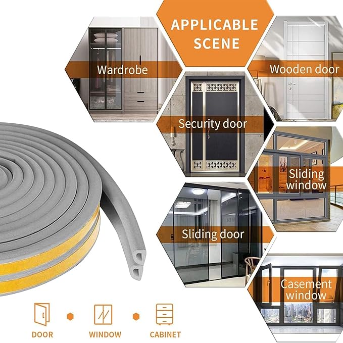 Weather Stripping Seal Strip Tape, Doors Windows Frame Self Adhesive D Type Foam Sealing Tape, 32.8Ft Rubber Soundproof Insulation Cell Foam Stripping, Grey