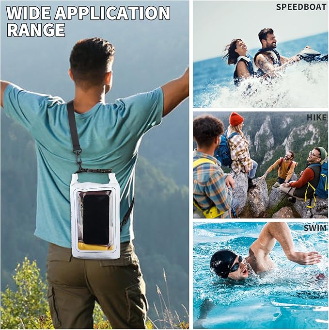 IP68 Waterproof Dry Bag, 2L - Roll Top Waterproof Pool Bag,Dry Bags for Kayaking Waterproof-w/Phone Pouch,Large Waterproof Phone Pouch,Boating & Kayak Accessories Camping (White)