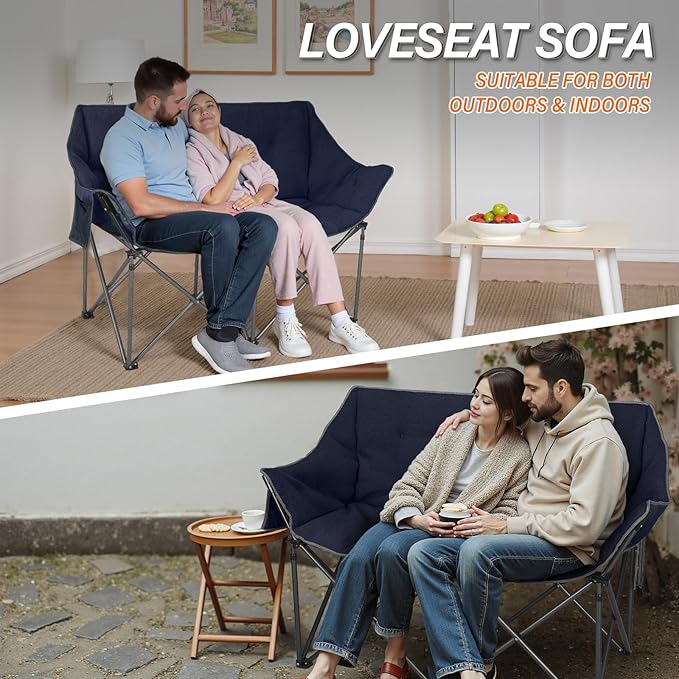 Double Camping Chairs-Padded Loveseat Camp Couch for 2 Person,Heavy Duty Sofa Folding Lawn Chair with Cushion for Backyard,Sports,Patio and Home Use,Deep Blue