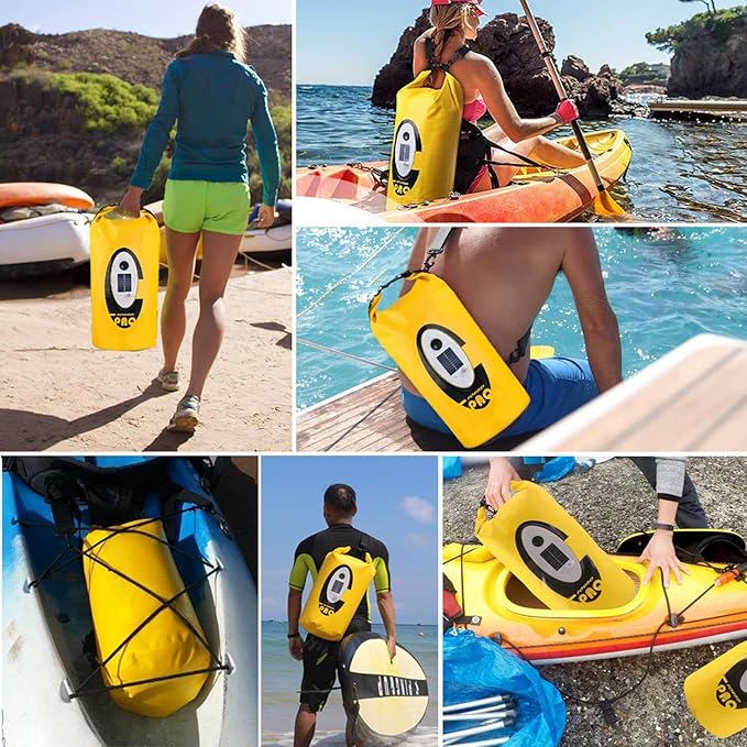 Solar Dry Bag Backpack 10L,Built-in Bluetooth Speaker & LED(4 Lighting Modes),Solar or USB Rechargeable,IP66 Waterproof Floating for Camping, Kayaking, Hiking & Outdoor Adventures