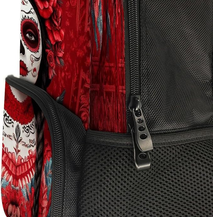 Polyester Daypack for Hiking Work Running, Big Capacity Anti-Theft Multipurpose Shoulder Bag, Mexican Red Rose Sugar Skull Floral Women Day Of The Dead Art Travel and Sport Backpack Rucksack