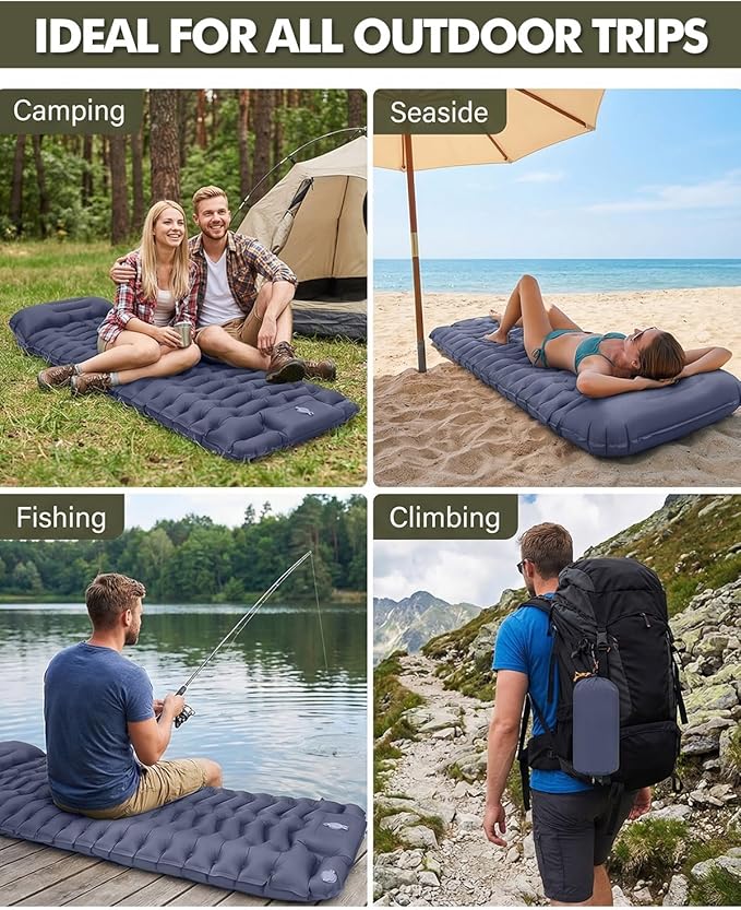 Ultralight Inflatable Camping Sleeping Pad with Built-in Pillow & Foot Pump, 3” Thick Compact Air Mattress for Backpacking, Hiking, Traveling, Tent Camping, Dark Blue