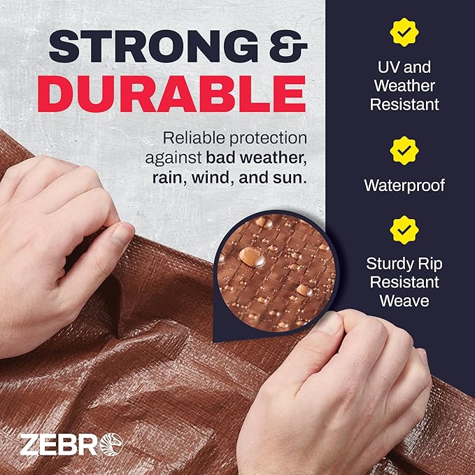 30' x 60' Brown Tarp with Grommets Reinforced - 5 Mil Thick - Durable UV Resistant Plastic Tarps Waterproof - Large Tarpaulin Cover for Outdoor Camping Over/Under Tent Tarp RV Roof Rain - Zebro