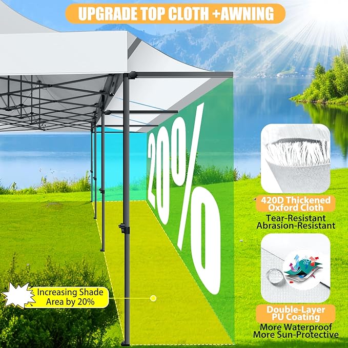 COBIZI 10x30 Pop Up Canopy Tent with Awning,Heavy Duty Canopy UPF 50+ All Season Wind Waterproof Commercial Outdoor Street Vendors Party Tents for Parties Canopy with Roller Bag(10 x 30 ft White)